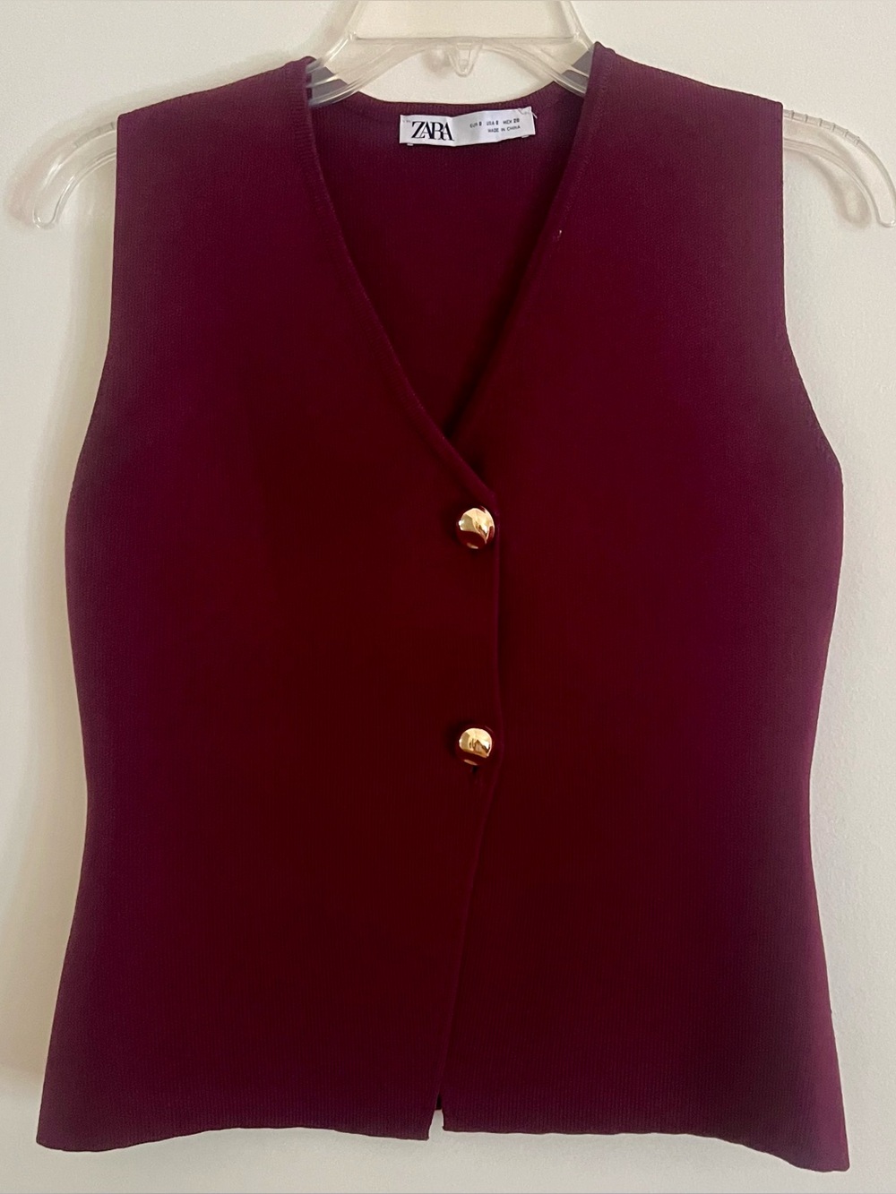 Zara Wine Sleeveless V-Neck Knit Top with Gold Buttons